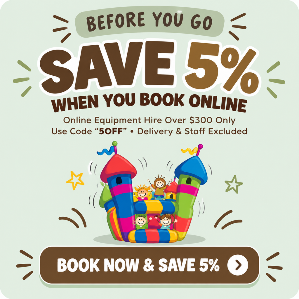 Save 5% on online equipment hire over $300 at Bounce Around Inflatables & Party Hire