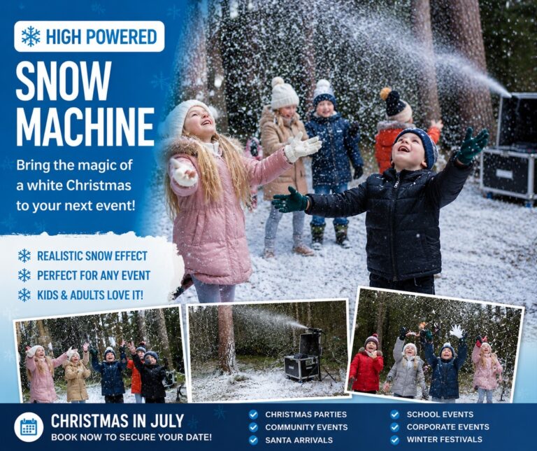Children enjoying artificial snowfall created by a professional snow machine at a Christmas and community event.