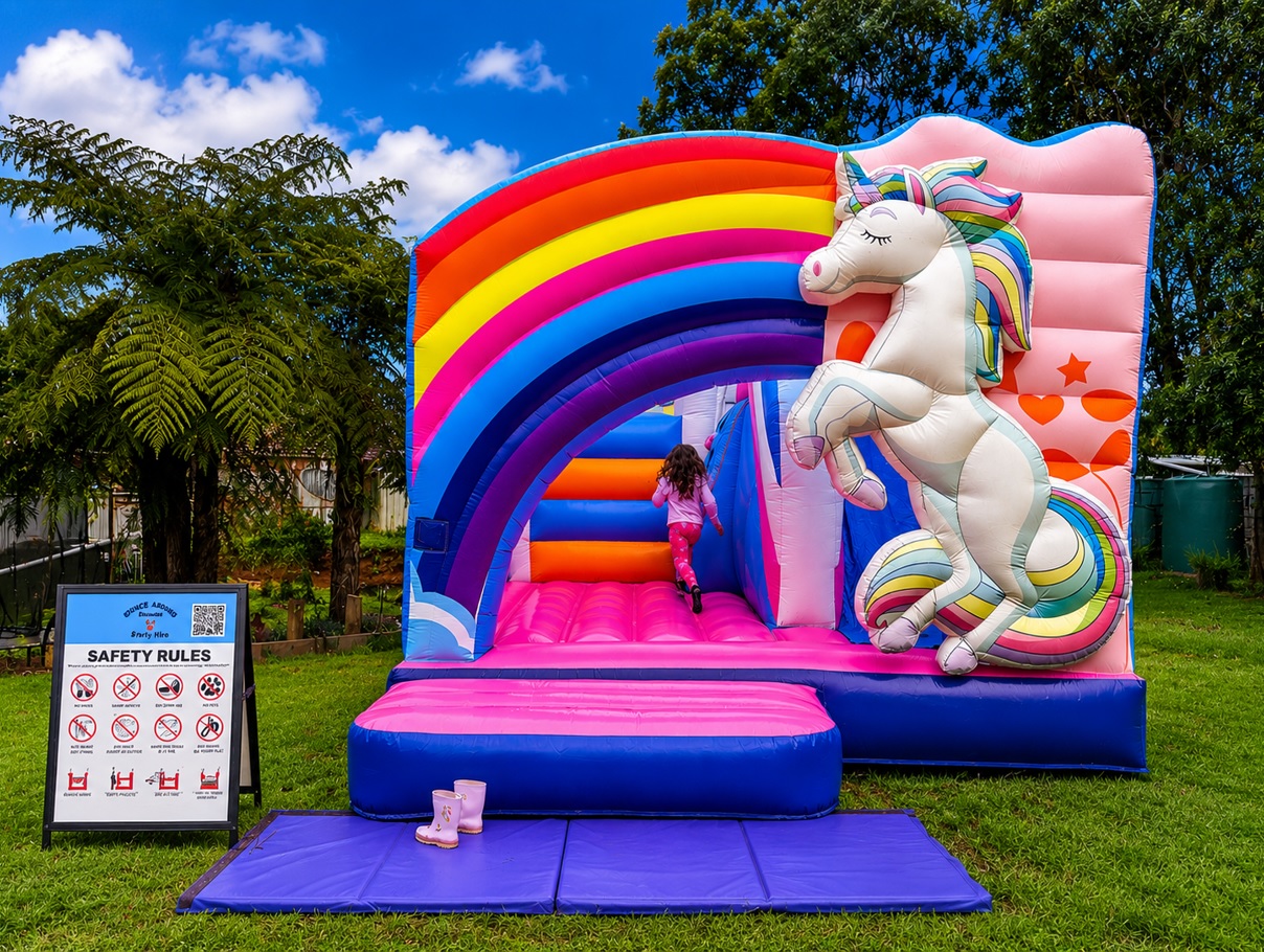Unicorn jumping castle with slide at a kids birthday party in Cockatoo Victoria